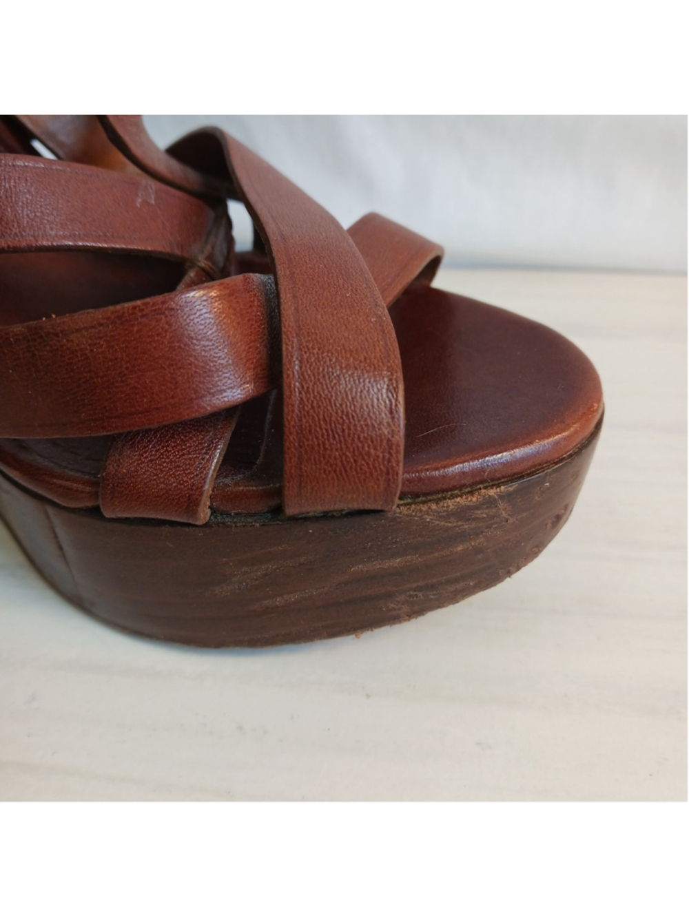 Burberry Delamer Brown Leather Strappy Wedge Heels Women's 8 Boho Fancy * Read* - Picture 11 of 12
